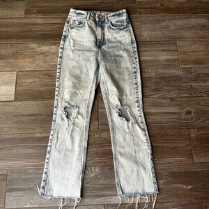 ZARA Acid Wash Distressed Ripped Jeans USA 00 EUR 32 High Rise Raw Hem